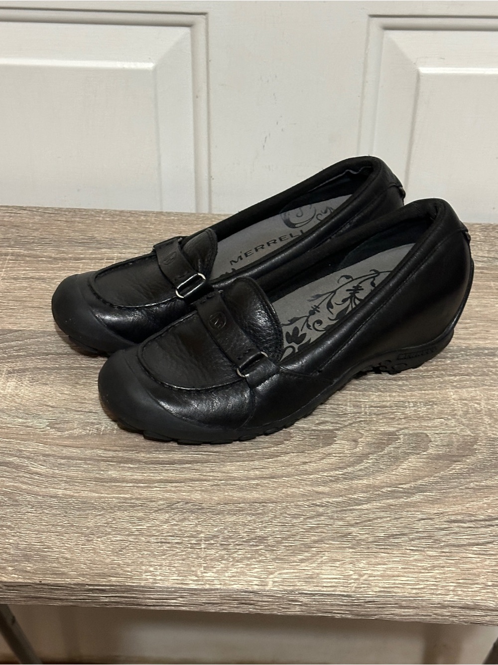 MERRELL WOMENS PLAZA GLIDE BLACK LEATHER LOAFERS SIZE 7